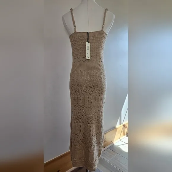 NWT Freshman 1996 Stretchy Strappy Crochet Midi Dress Tan Beige XS