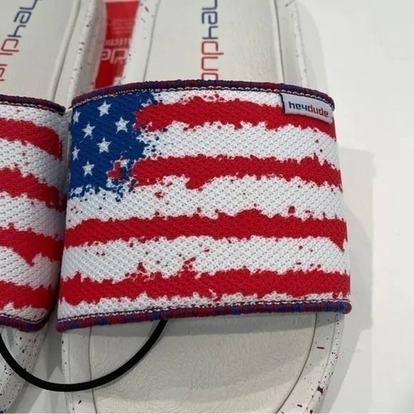 NWT Hey Dude Peggy Flag Patriotic Slip On Slide Sandals Comfy Women's Size 7 NEW