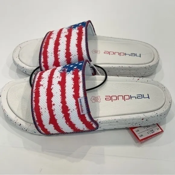NWT Hey Dude Peggy Flag Patriotic Slip On Slide Sandals Comfy Women's Size 7 NEW