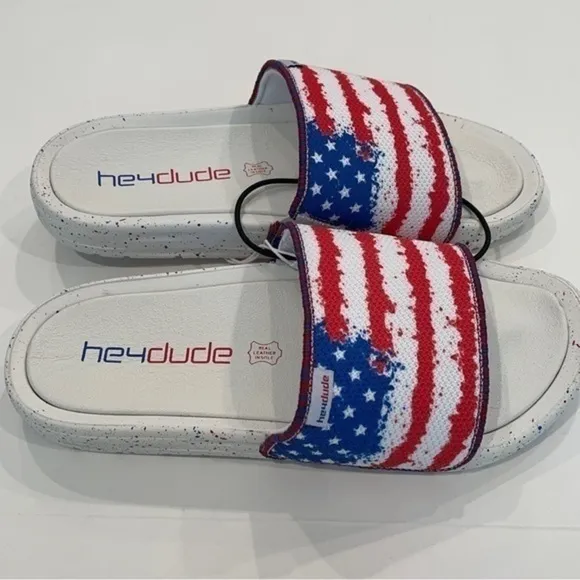 NWT Hey Dude Peggy Flag Patriotic Slip On Slide Sandals Comfy Women's Size 7 NEW