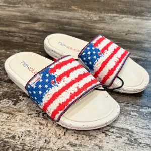 NWT Hey Dude Peggy Flag Patriotic Slip On Slide Sandals Comfy Women's Size 7 NEW
