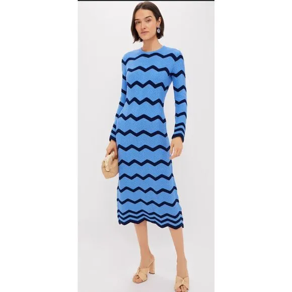 NWT HYACINTH HOUSE Cornflower Blue &amp; Navy Zig-Zag Stripe Callan Knit Midi Dress,