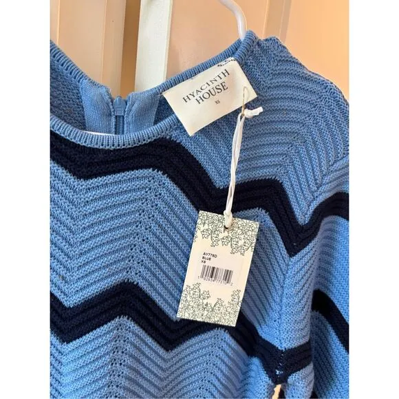 NWT HYACINTH HOUSE Cornflower Blue &amp; Navy Zig-Zag Stripe Callan Knit Midi Dress,