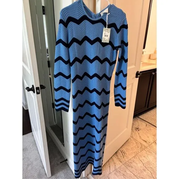 NWT HYACINTH HOUSE Cornflower Blue &amp; Navy Zig-Zag Stripe Callan Knit Midi Dress,