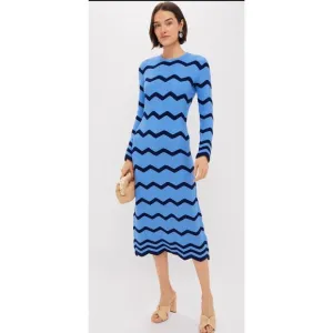 NWT HYACINTH HOUSE Cornflower Blue &amp; Navy Zig-Zag Stripe Callan Knit Midi Dress,