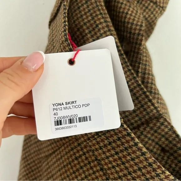 NWT Ines de la Fressange Yona Wool Midi Skirt | Brown Houndstooth Classic