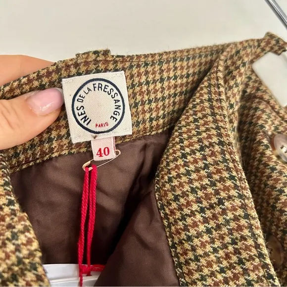 NWT Ines de la Fressange Yona Wool Midi Skirt | Brown Houndstooth Classic