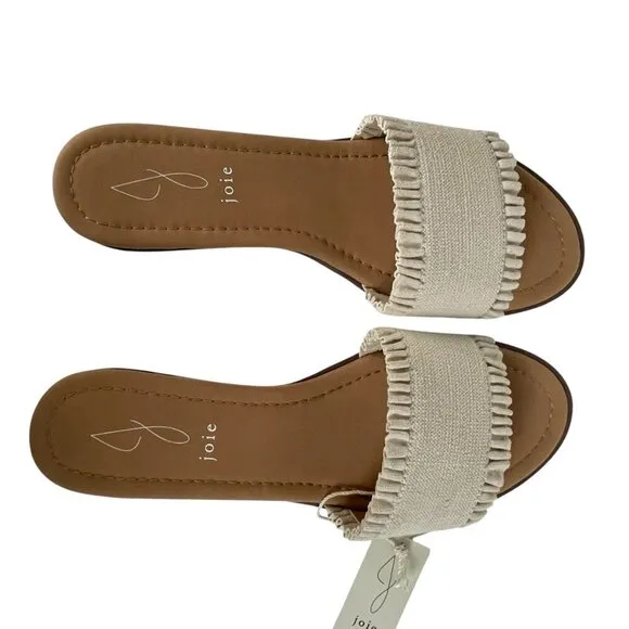 NWT Joie Eidel Canvas Ruffle Cream Flat Slide Sandals 9 Boho Bohemian Beachy