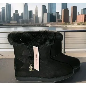 NWT! Juicy Couture Kodak Boots Girls Faux Fur With Bows Black Size 5M