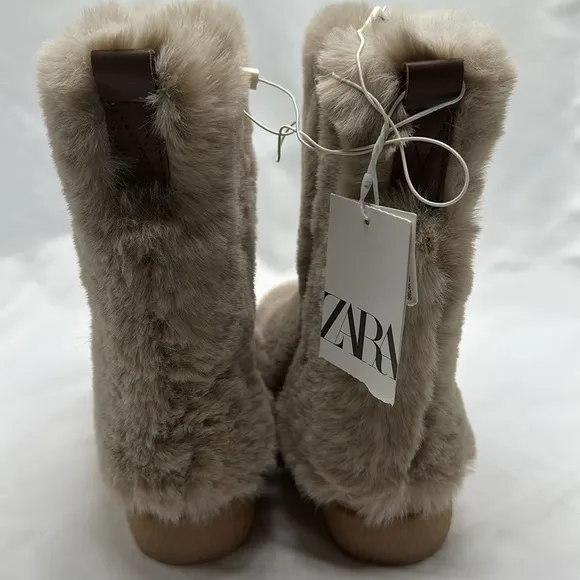 NWT Kids Zara Faux Fur Tall Boots Light Brown Beige Size 12 1/2