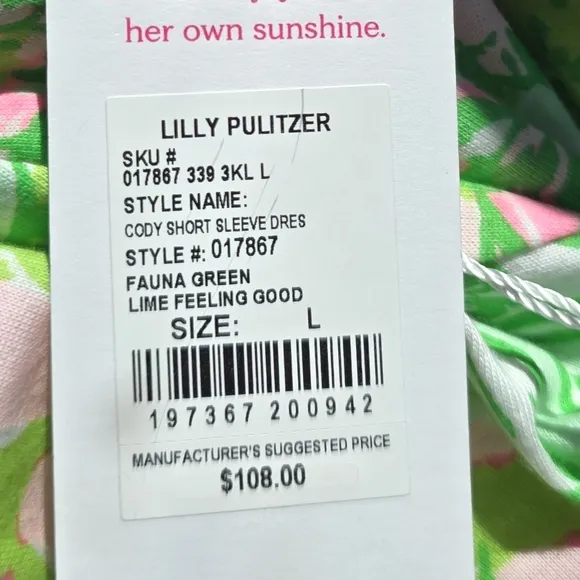 NWT Lilly Pulitzer Cody Short Sleeve Dress Color: Fauna Green Lime Feeling Good