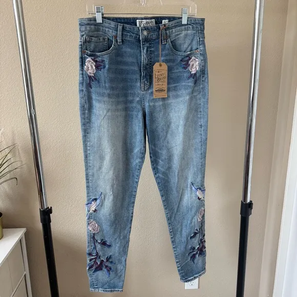 NWT Lucky Brand Jeans Bridgette Skinny Denim Size 12/31 Embroidered Hummingbird