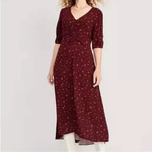 NWT Old Navy Puff-Sleeve V-Neck Crepe Midi Dress in Burgundy Ditsy Floral
