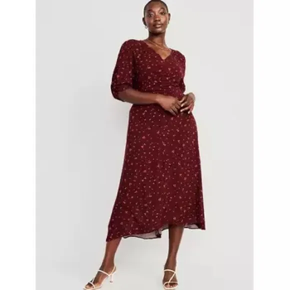 NWT Old Navy Puff-Sleeve V-Neck Crepe Midi Dress in Burgundy Ditsy Floral