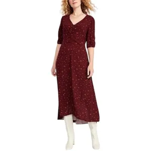 NWT Old Navy Puff-Sleeve V-Neck Crepe Midi Dress in Burgundy Ditsy Floral