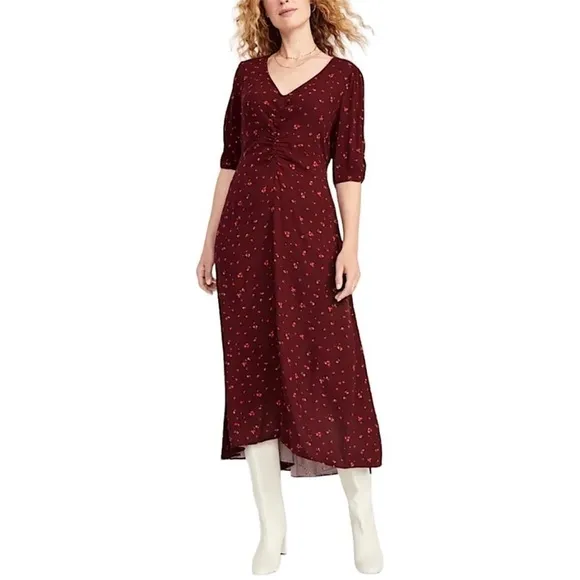 NWT Old Navy Puff-Sleeve V-Neck Crepe Midi Dress in Burgundy Ditsy Floral