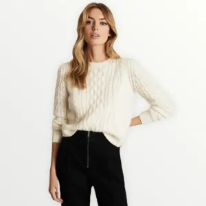 NWT O.P.T. x REVOLVE Cream Cable Knit Balloon Sleeve Pullover Sweater, Size M
