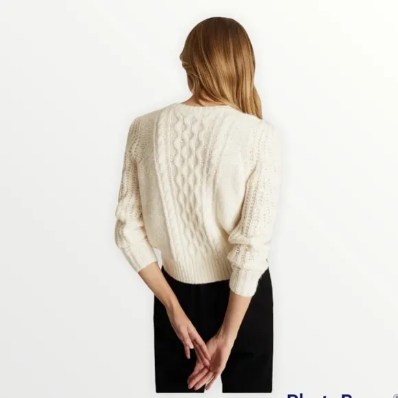 NWT O.P.T. x REVOLVE Cream Cable Knit Balloon Sleeve Pullover Sweater, Size M
