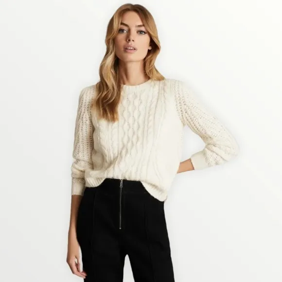 NWT O.P.T. x REVOLVE Cream Cable Knit Balloon Sleeve Pullover Sweater, Size M