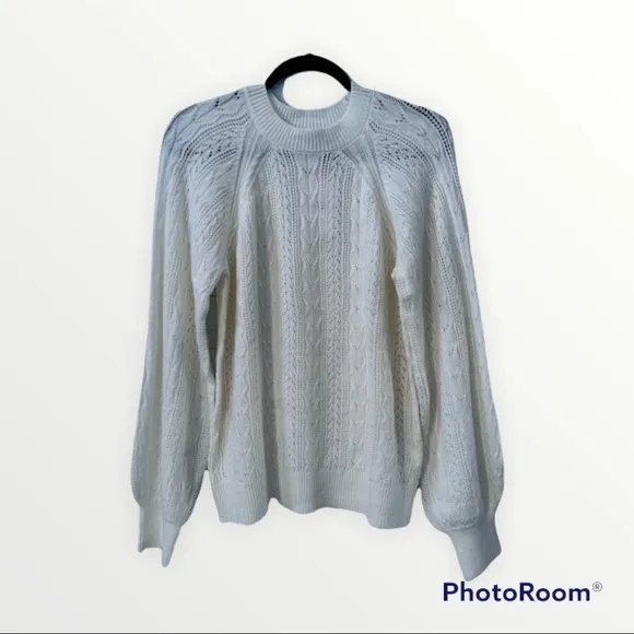 NWT O.P.T. x REVOLVE Cream Cable Knit Balloon Sleeve Pullover Sweater, Size M