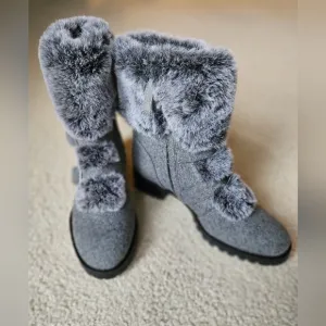 NWT Talbots Tish Buckle Faux Fur Trim Flannel Ankle Boots Grey Gray Women's 7.5