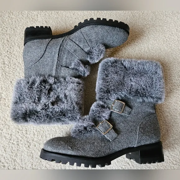 NWT Talbots Tish Buckle Faux Fur Trim Flannel Ankle Boots Grey Gray Women's 7.5