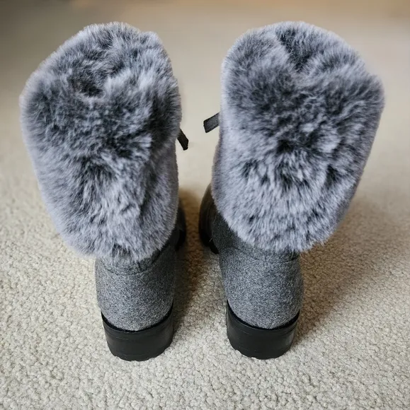 NWT Talbots Tish Buckle Faux Fur Trim Flannel Ankle Boots Grey Gray Women's 7.5