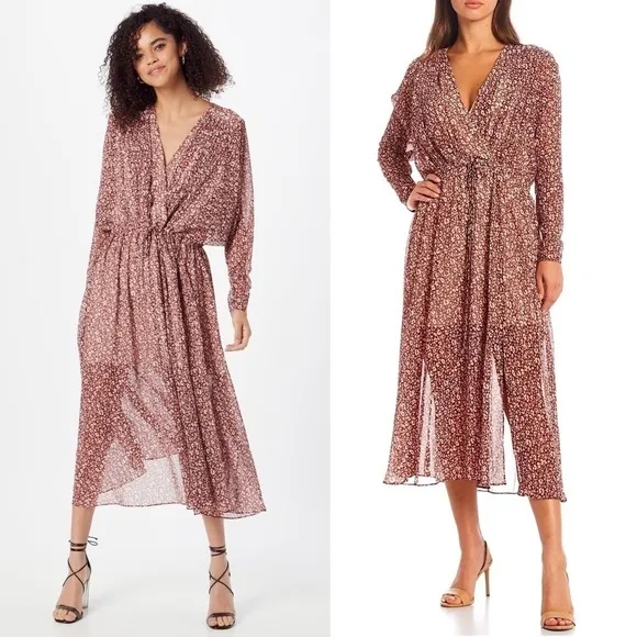 NWT TED BAKER 70s Leopard Chiffon Wrap Tie Style Draped Long Sleeve Midi Dress 6