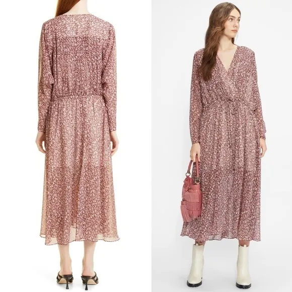 NWT TED BAKER 70s Leopard Chiffon Wrap Tie Style Draped Long Sleeve Midi Dress 6