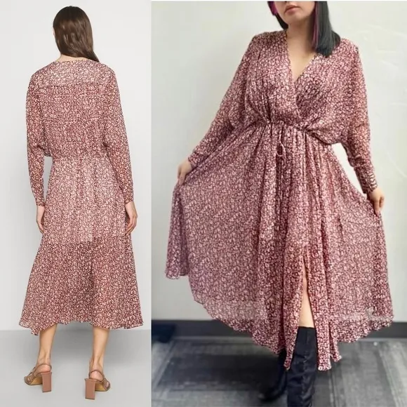 NWT TED BAKER 70s Leopard Chiffon Wrap Tie Style Draped Long Sleeve Midi Dress 6