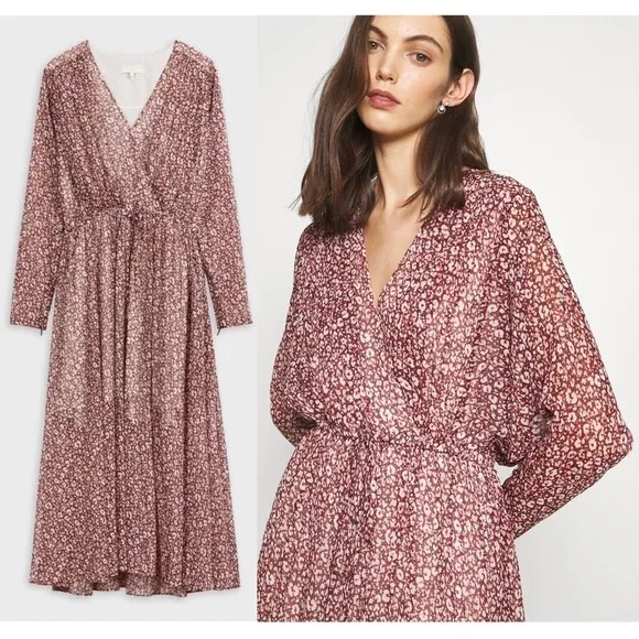 NWT TED BAKER 70s Leopard Chiffon Wrap Tie Style Draped Long Sleeve Midi Dress 6