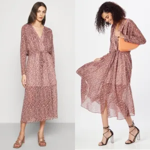 NWT TED BAKER 70s Leopard Chiffon Wrap Tie Style Draped Long Sleeve Midi Dress 6