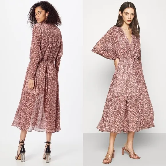 NWT TED BAKER 70s Leopard Chiffon Wrap Tie Style Draped Long Sleeve Midi Dress 6