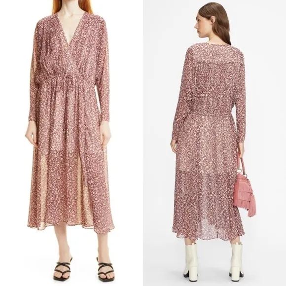 NWT TED BAKER 70s Leopard Chiffon Wrap Tie Style Draped Long Sleeve Midi Dress 6