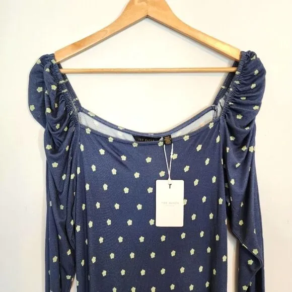 NWT Ted Baker Meegwin Ditsy Spot Jersey Midi Side Slit Stretch Dress  8-10 Or 3