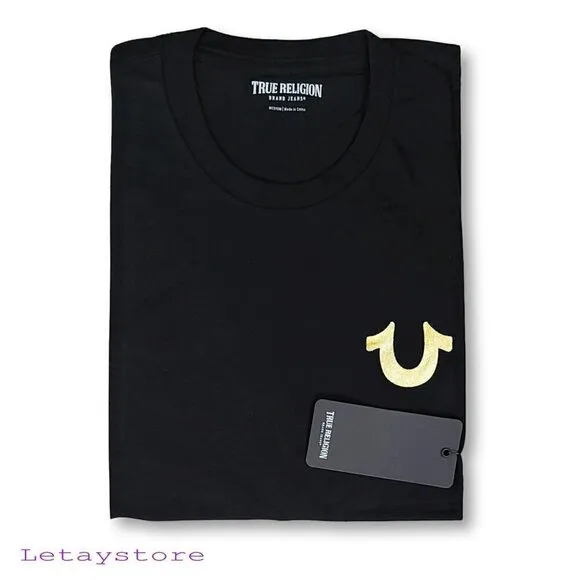 NWT True Religion Gold Metallic Graphic Logo Print Halo Crew Neck T-Shirt