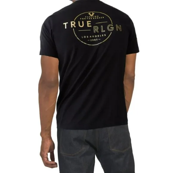 NWT True Religion Gold Metallic Graphic Logo Print Halo Crew Neck T-Shirt
