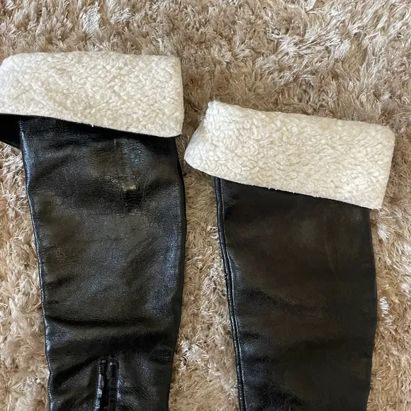 NWT ZARA Black Leather Knee-High Boots with Faux Fur Trim EU 36/US 6