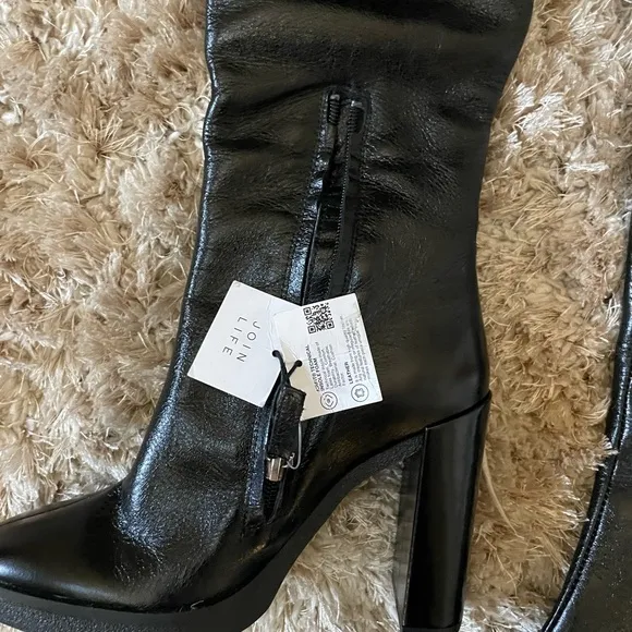 NWT ZARA Black Leather Knee-High Boots with Faux Fur Trim EU 36/US 6