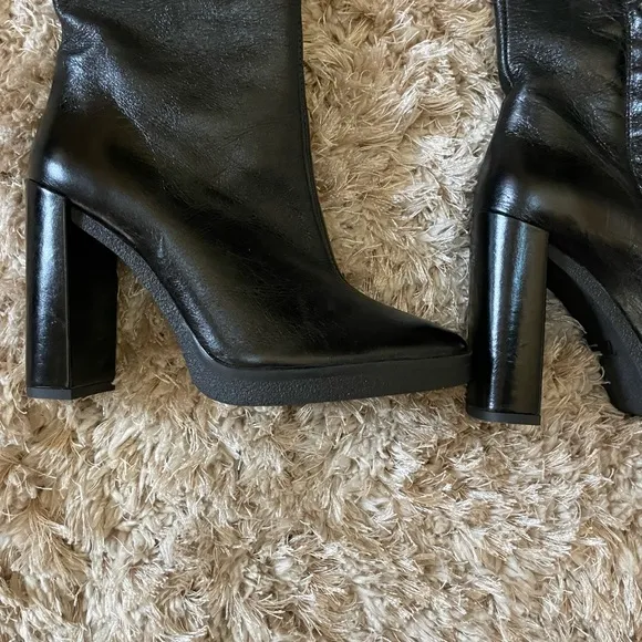 NWT ZARA Black Leather Knee-High Boots with Faux Fur Trim EU 36/US 6