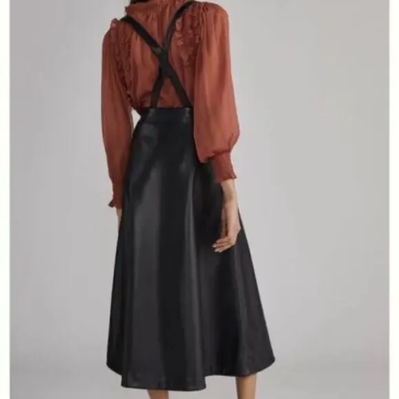 NWT Anthropologie Faux Leather Pinafore Black Skirt Size 2 #049
