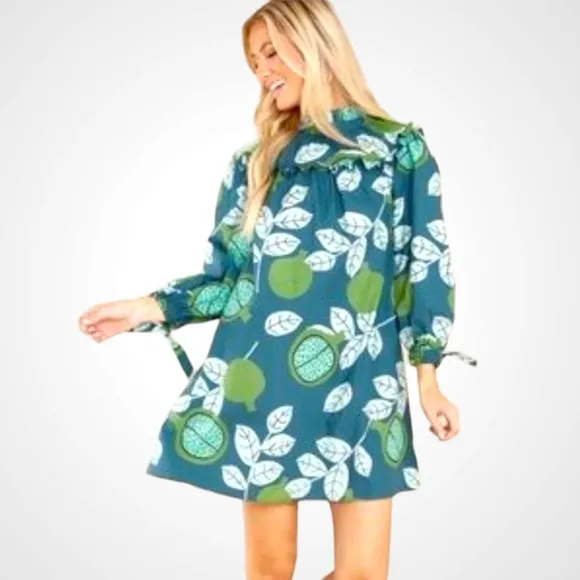 OLIVIA JAMES THE LABEL Emma Mini Dress Tunic Boho Green Teal LeafPrint