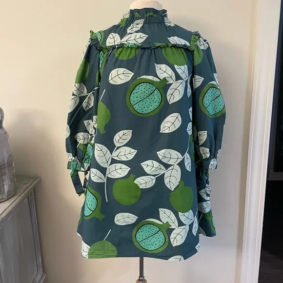 OLIVIA JAMES THE LABEL Emma Mini Dress Tunic Boho Green Teal LeafPrint