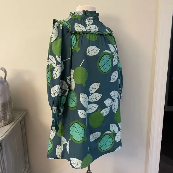 OLIVIA JAMES THE LABEL Emma Mini Dress Tunic Boho Green Teal LeafPrint