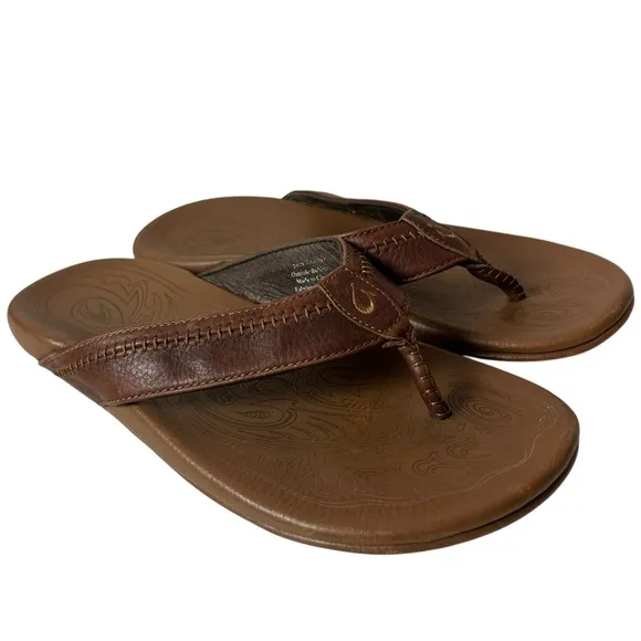 OluKai Hiapo Leather Beach Sandals Mens Flip Flop Brown Size US 10 EU 43