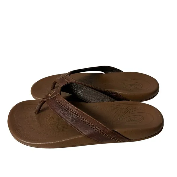 OluKai Hiapo Leather Beach Sandals Mens Flip Flop Brown Size US 10 EU 43