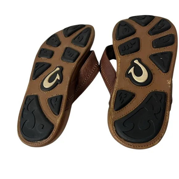 OluKai Hiapo Leather Beach Sandals Mens Flip Flop Brown Size US 10 EU 43