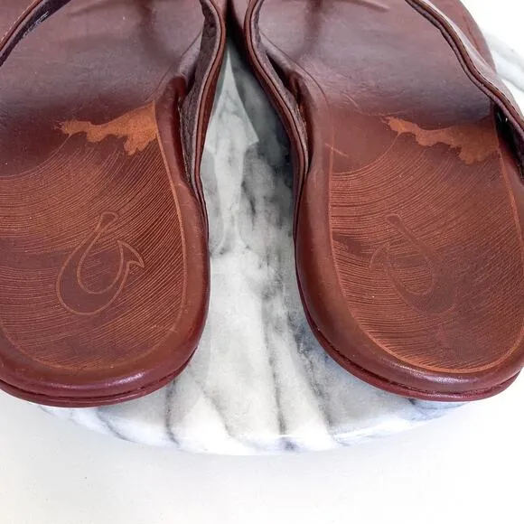 OluKai Kai Poi Leather Men Thongs Flip Flop Sandals Size 10 Dark Wood Beach