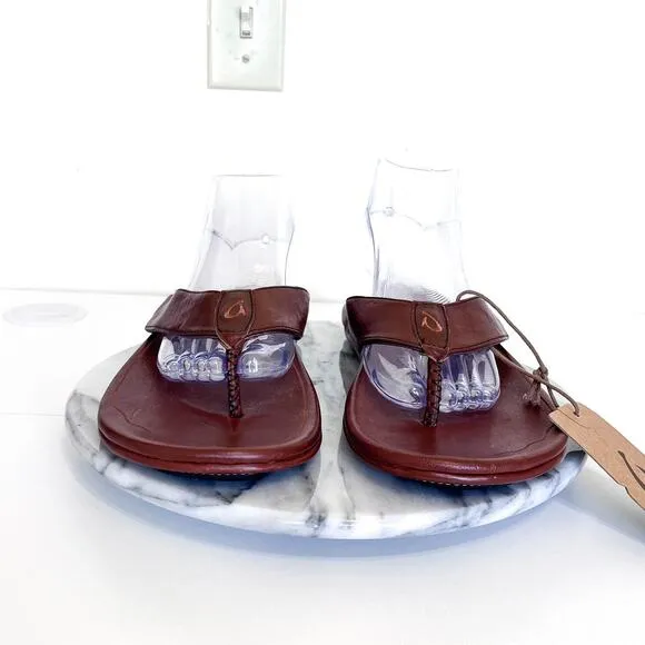OluKai Kai Poi Leather Men Thongs Flip Flop Sandals Size 10 Dark Wood Beach