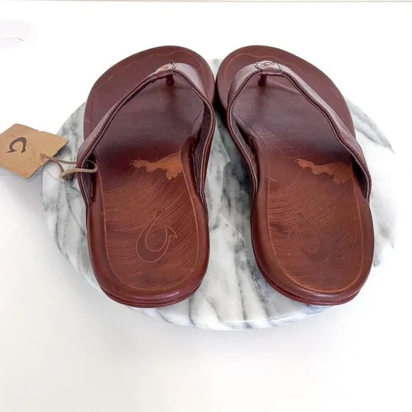 OluKai Kai Poi Leather Men Thongs Flip Flop Sandals Size 10 Dark Wood Beach